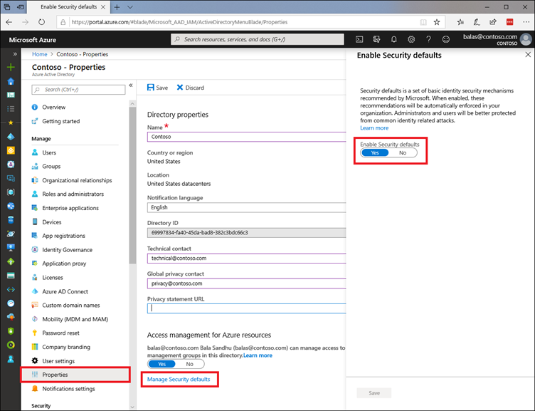Screenshot of the Azure portal with the toggle to enable security defaults